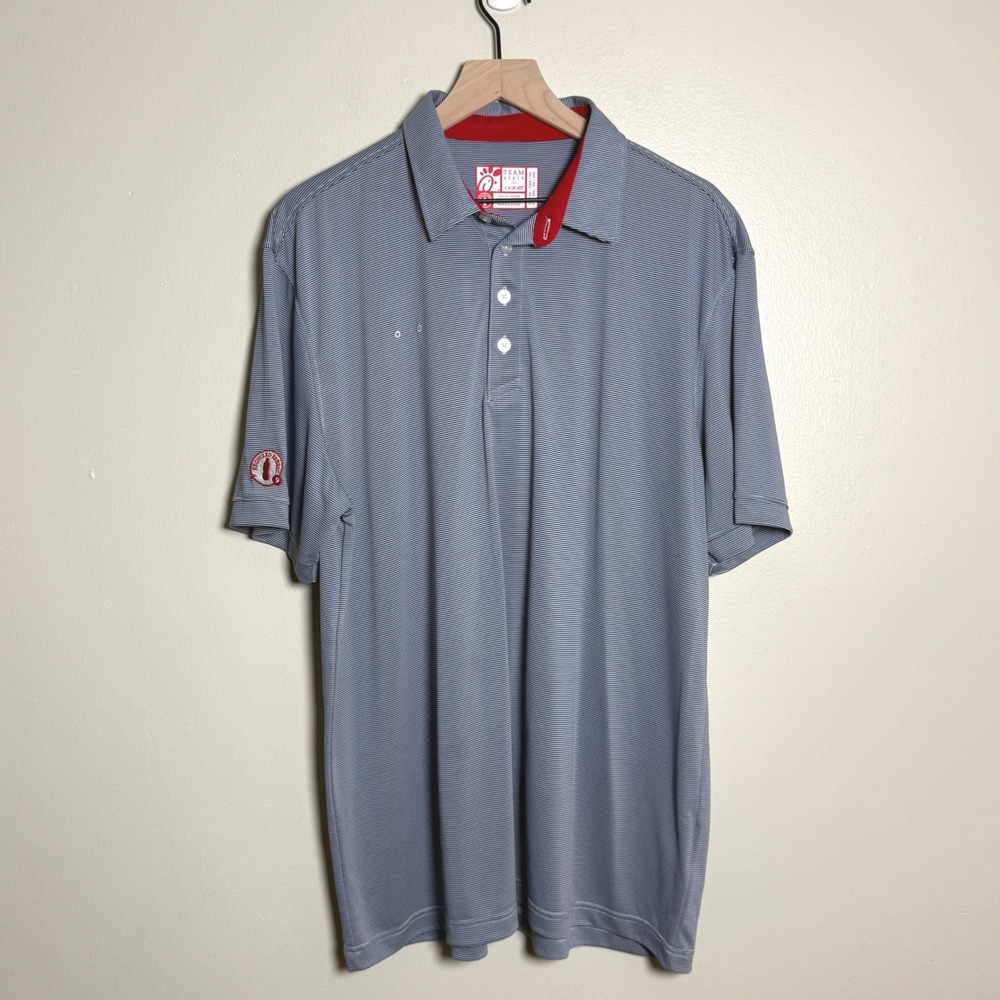 Chick-fil-A Team Style Oobe Mens XL Polo Shirt Striped Navy Blue Recycled Fabric